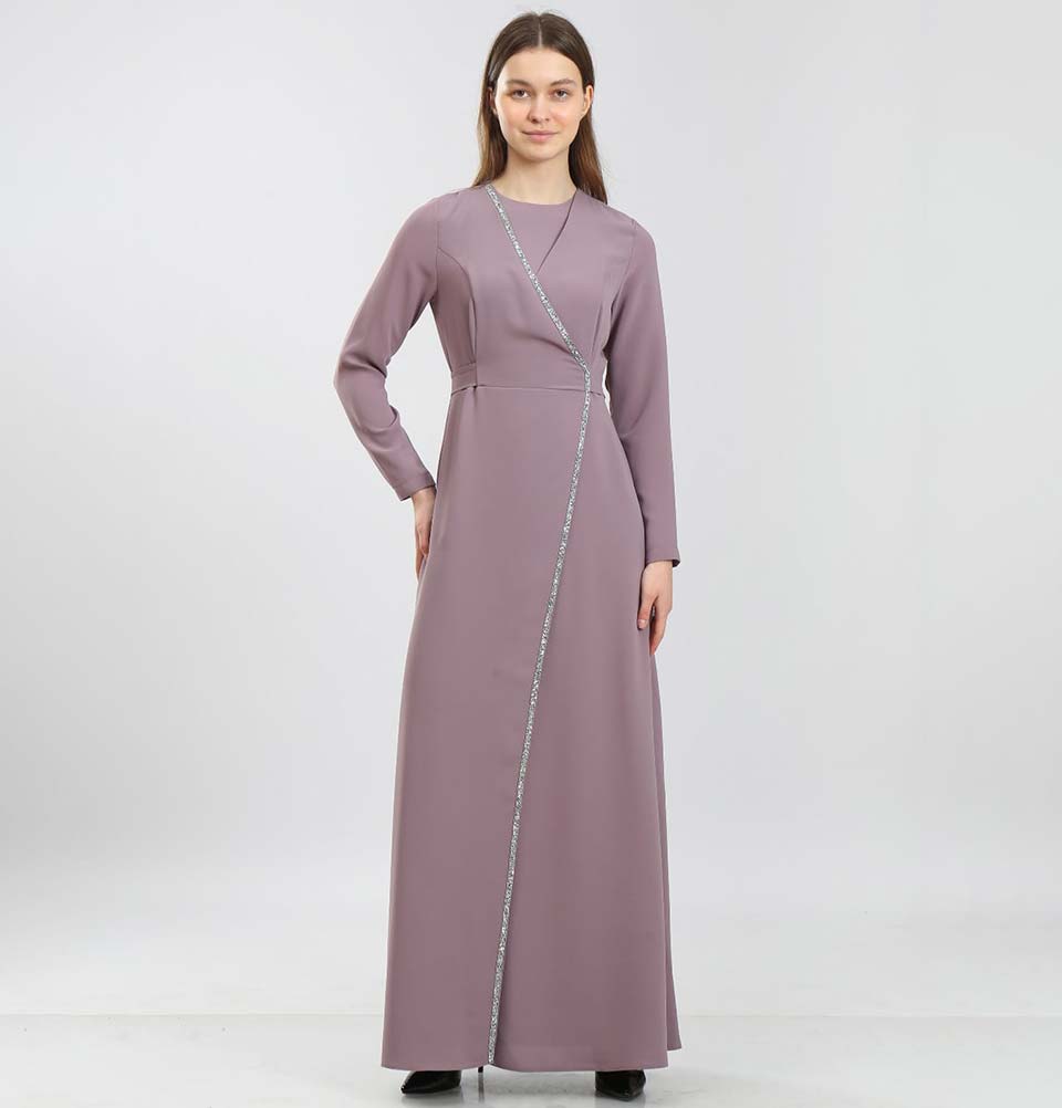 Modefa Dress Modest & Simple Formal Wrap Dress | Rhinestoned Lavender 70052