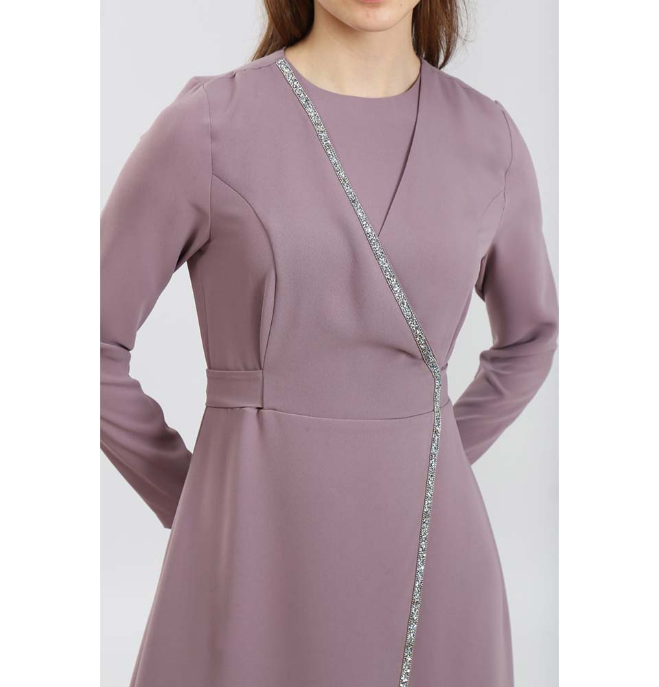 Modefa Dress Modest & Simple Formal Wrap Dress | Rhinestoned Lavender 70052