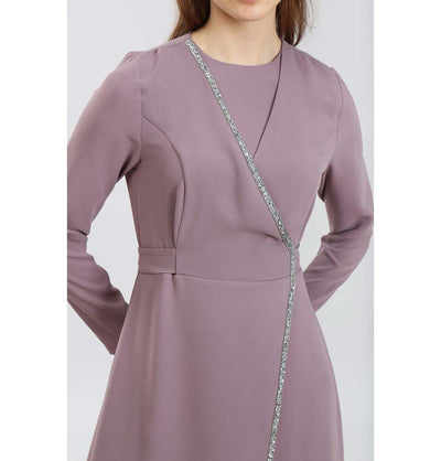 Modefa Dress Modest & Simple Formal Wrap Dress | Rhinestoned Lavender 70052
