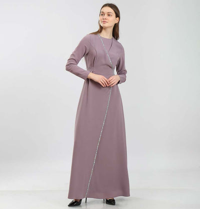 Modefa Dress Modest & Simple Formal Wrap Dress | Rhinestoned Lavender 70052