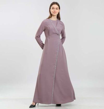 Modefa Dress Modest & Simple Formal Wrap Dress | Rhinestoned Lavender 70052