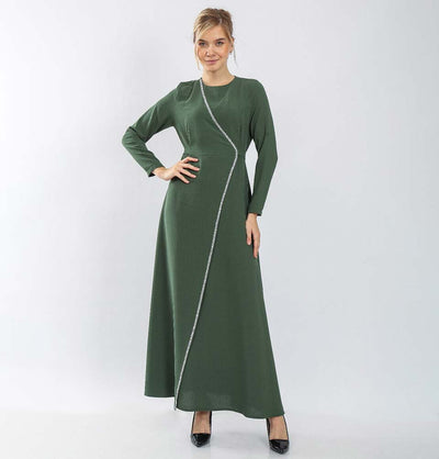 Modefa Dress Modest & Simple Formal Wrap Dress | Rhinestoned Sage Green 70052