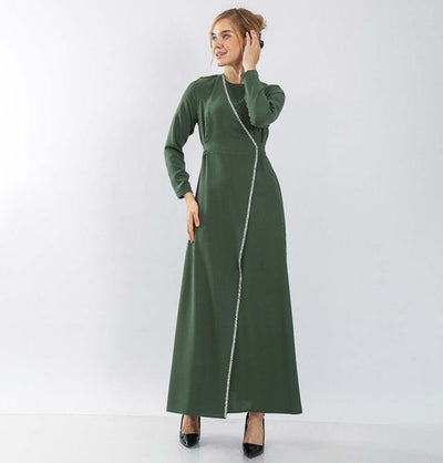 Modefa Dress Modest & Simple Formal Wrap Dress | Rhinestoned Sage Green 70052