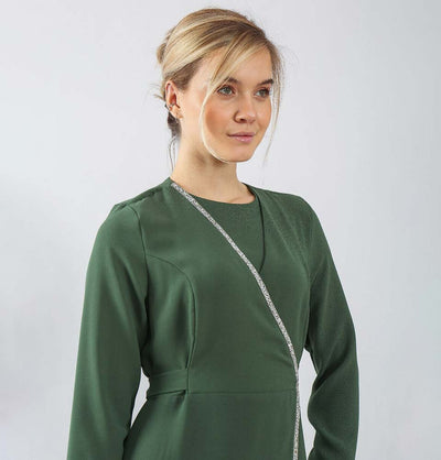 Modefa Dress Modest & Simple Formal Wrap Dress | Rhinestoned Sage Green 70052