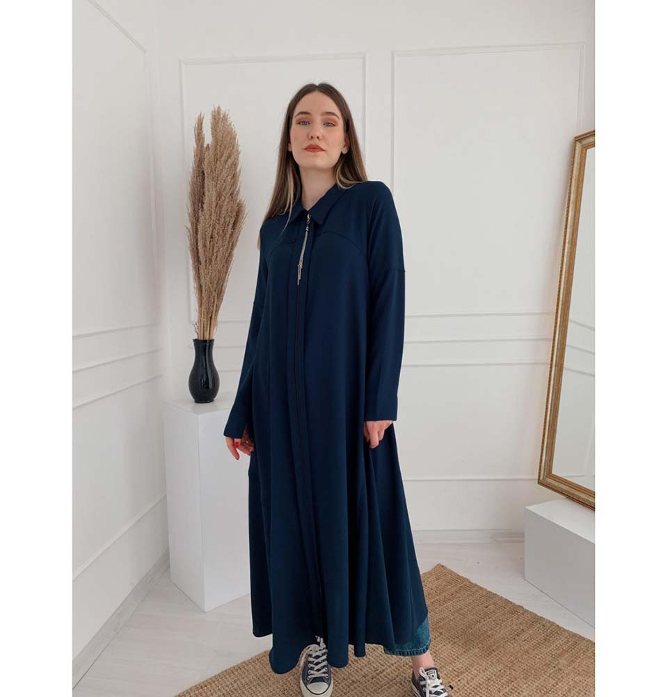 Modefa Dress Simple Zippered Topcoat Abaya 35984 Blue