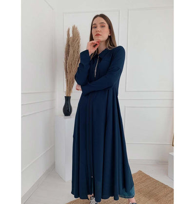 Modefa Dress Simple Zippered Topcoat Abaya 35984 Blue