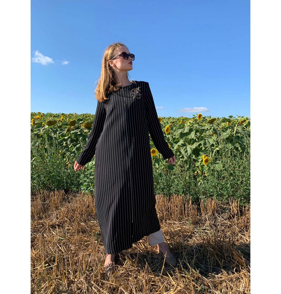 Modefa Dress Striped & Beaded Topcoat Abaya 35914 Black