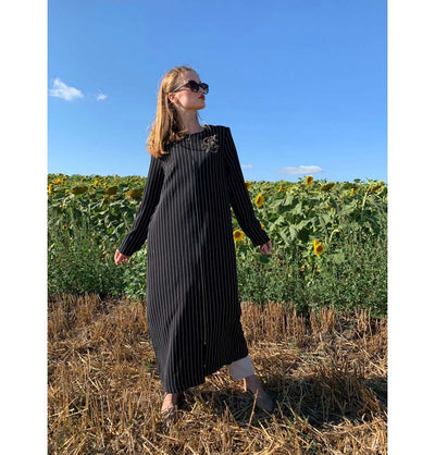 Modefa Dress Striped & Beaded Topcoat Abaya 35914 Black
