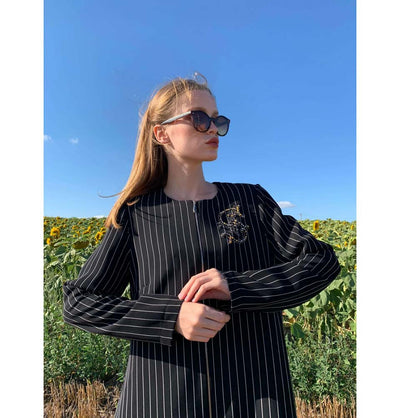 Modefa Dress Striped & Beaded Topcoat Abaya 35914 Black