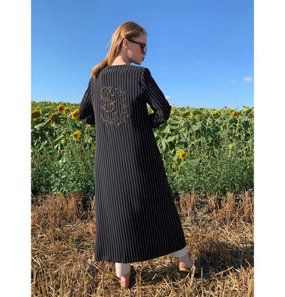 Modefa Dress Striped & Beaded Topcoat Abaya 35914 Black