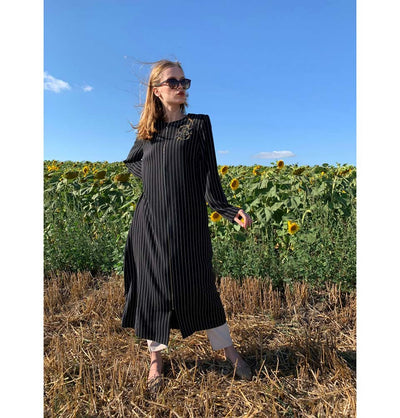 Modefa Dress Striped & Beaded Topcoat Abaya 35914 Black