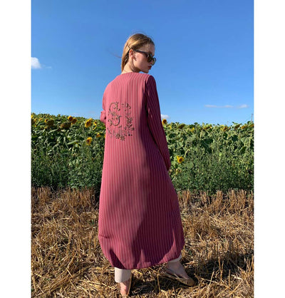 Modefa Dress Striped & Beaded Topcoat Abaya 35914 Pink
