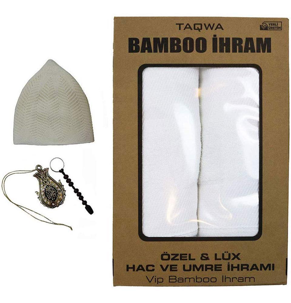 COMBO: Men's Bamboo Cotton Ihram Set + Kufi + Tawaf Tasbih + Car Hanger