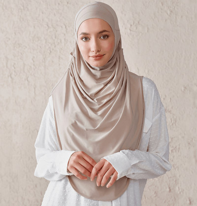 Modefa Instant Hijabs Beige Modefa Long Pleated Instant Jersey Hijab - Beige