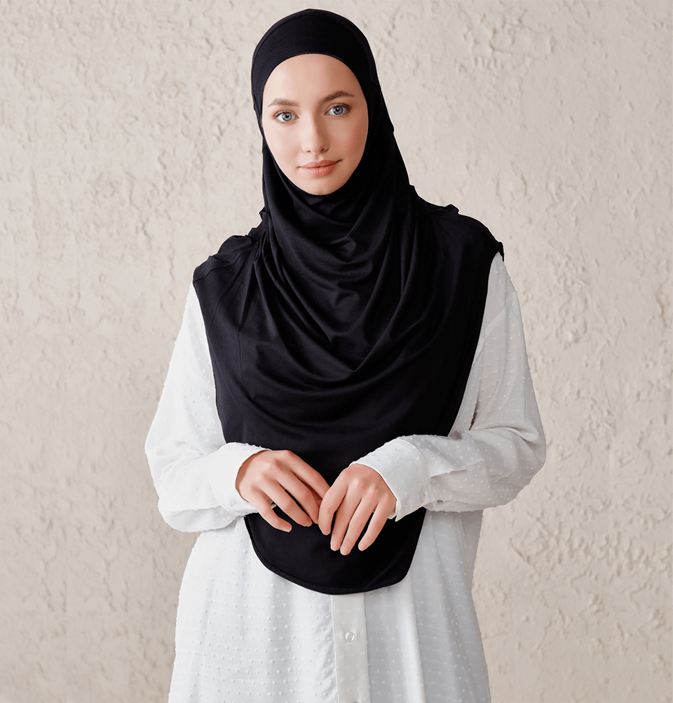 Modefa Instant Hijabs Black Modefa Long Pleated Instant Jersey Hijab - Black