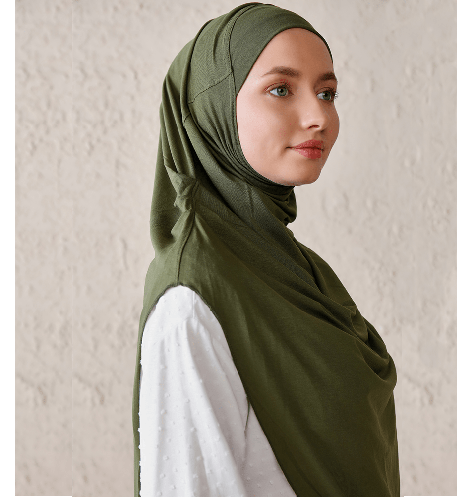 Modefa One Piece Instant Long Jersey Hijab - Olive Green