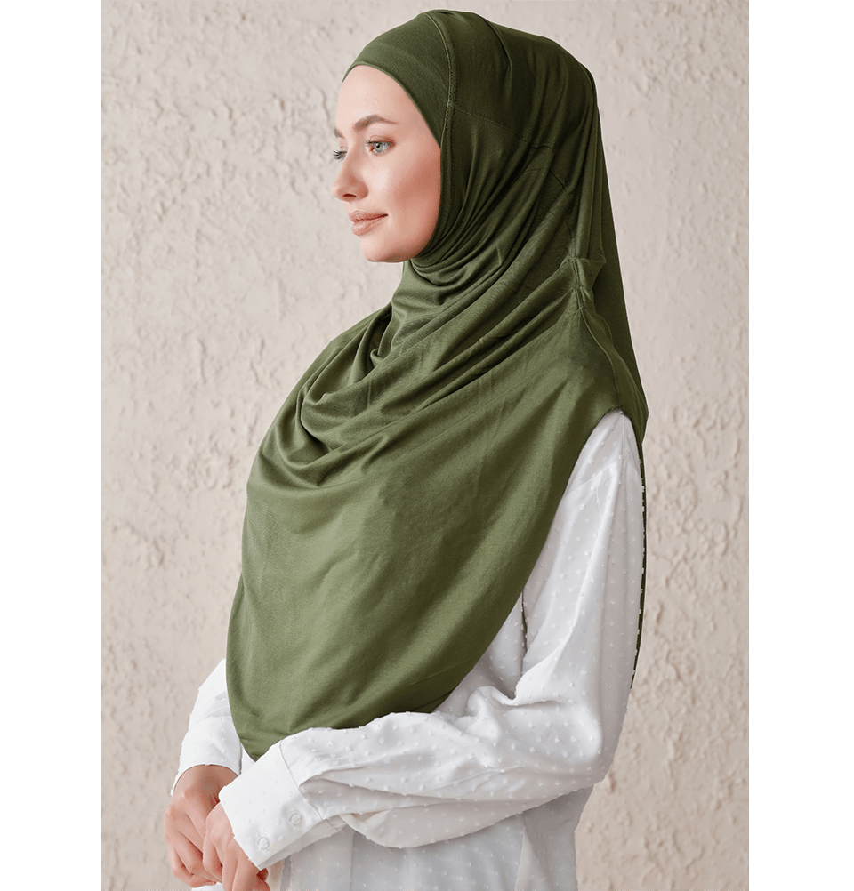 Modefa One Piece Instant Long Jersey Hijab - Olive Green