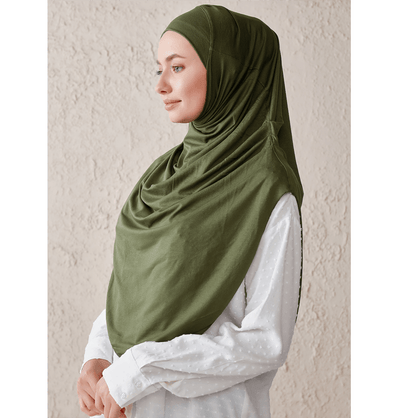 Modefa Instant Hijabs Green Modefa Long Pleated Instant Jersey Hijab - Olive Green