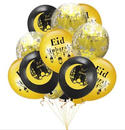 Modefa Islamic Decor Black/Gold Islamic Holiday Decor | Eid Mubarak Balloons | 10 Pack - Black & Gold