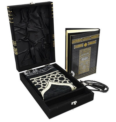 Modefa Islamic Decor Black Modefa Islamic Luxury Gift Box | Velvet Box with Quran & Selcuk Star Prayer Mat | Kaba Black