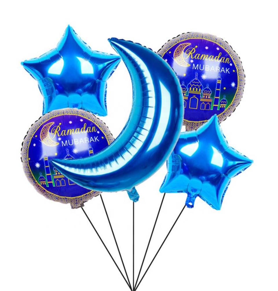 Modefa Islamic Decor Blue Islamic Holiday Decor | Ramadan Mubarak Balloons | 5 Pack - Crescent Moon & Star - Blue