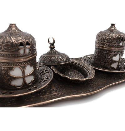 Modefa Islamic Decor Copper Turkish Luxury 4 Piece Coffee Cup Set | Ottoman Style Tray with Sugar Bowl - Copper