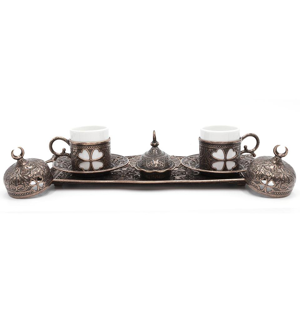 Modefa Islamic Decor Copper Turkish Luxury 4 Piece Coffee Cup Set | Ottoman Style Tray with Sugar Bowl - Copper