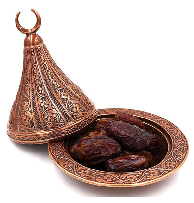 Modefa Islamic Decor Copper Turkish Tea Sugar Bowl | Ottoman Style Engraved | Round Covered Dish Bowl with Crescent - Copper