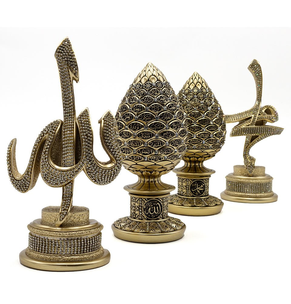 Modefa Islamic Decor Gold Islamic Table Decor 4 Piece Set | Allah & Muhammad with 99 Names Eggs - Gold