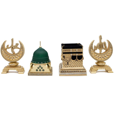 Modefa Islamic Decor Gold - Kaba/Green Dome/Allah/Muhammad Islamic Table Decor 4 Piece Set - Allah/Muhammad/Kaba Replica/Green Dome Replica - Gold