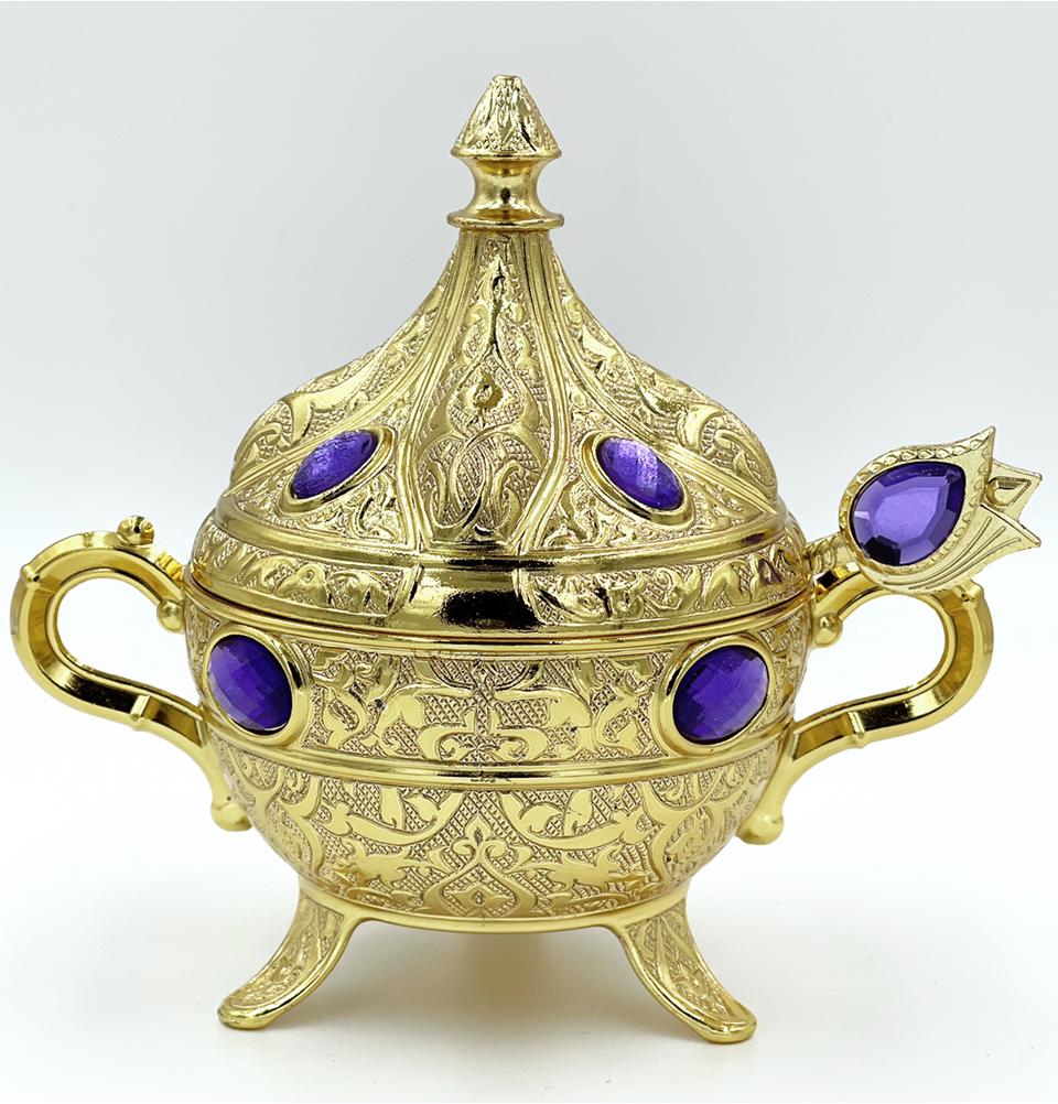 Modefa Islamic Decor Gold / Purple Turkish Sugar Bowl | Ottoman Style Engraved | Round with Oval Stones - Gold