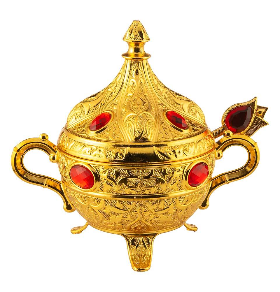 Modefa Islamic Decor Gold / Red Turkish Sugar Bowl | Ottoman Style Engraved | Round with Oval Stones - Gold