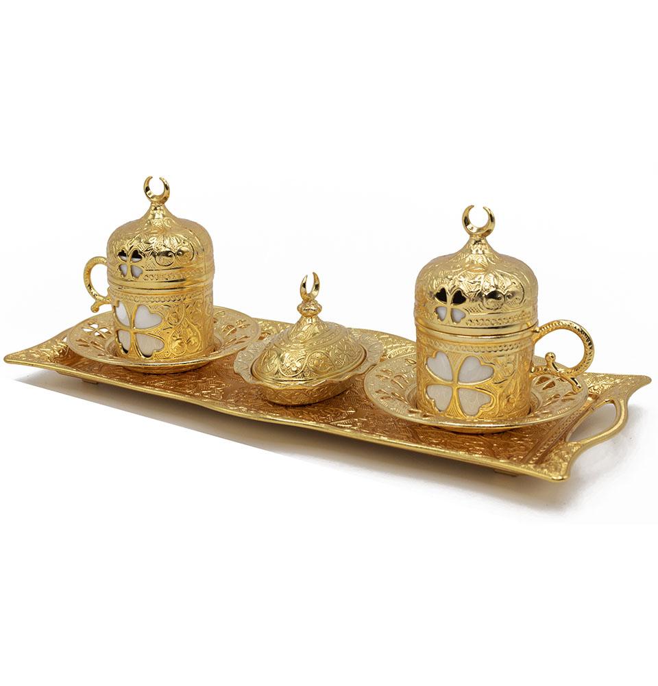 Modefa Islamic Decor Gold Turkish Luxury 4 Piece Coffee Cup Set | Ottoman Style Tray with Sugar Bowl - Gold