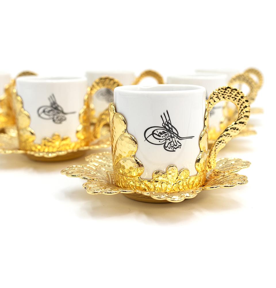 Modefa Islamic Decor Gold Turkish Luxury 6 Piece Coffee Cup Set | Ottoman Style with Tughra Artwork - Gold