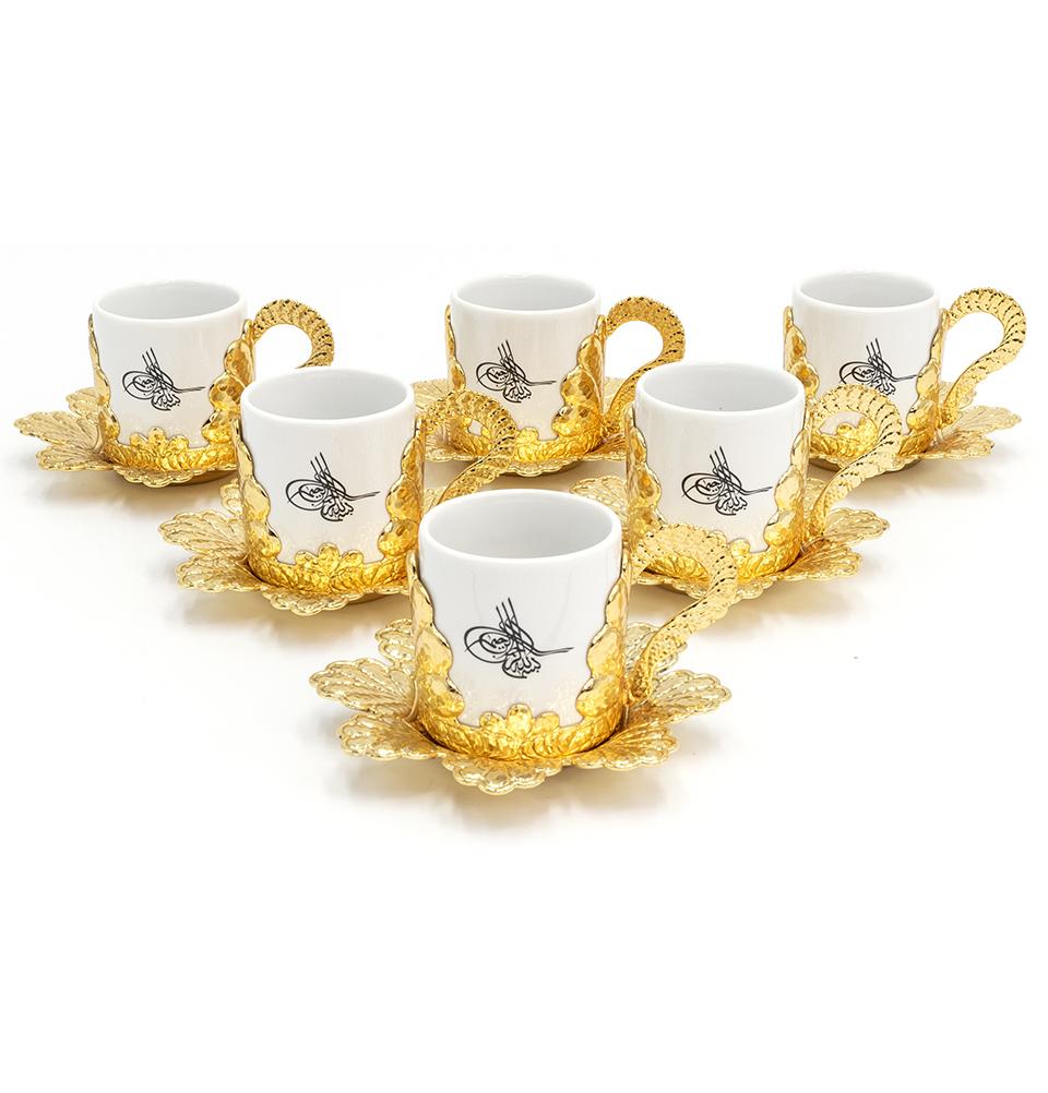 Modefa Islamic Decor Gold Turkish Luxury 6 Piece Coffee Cup Set | Ottoman Style with Tughra Artwork - Gold