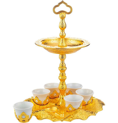 Modefa Islamic Decor Gold Turkish Luxury 7 Piece Coffee Cup Set with Sugar Bowl | Ottoman Style Engraved - Gold