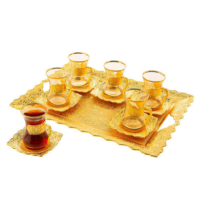 Modefa Islamic Decor Gold Turkish Luxury 7 Piece Tea Cup Set | Ottoman Style with Rectangular Tray - #162 Gold