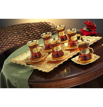 Modefa Islamic Decor Gold Turkish Luxury 7 Piece Tea Cup Set | Ottoman Style with Rectangular Tray - #162 Gold