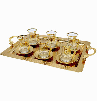 Modefa Islamic Decor Gold Turkish Luxury 7 Piece Tea Cup Set | Ottoman Style with Rectangular Tray - Gold