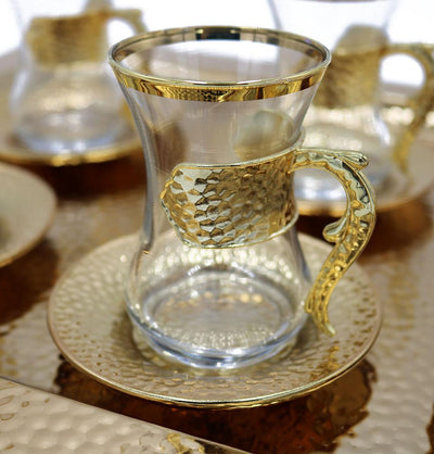 Modefa Islamic Decor Gold Turkish Luxury 7 Piece Tea Cup Set | Ottoman Style with Rectangular Tray - Gold