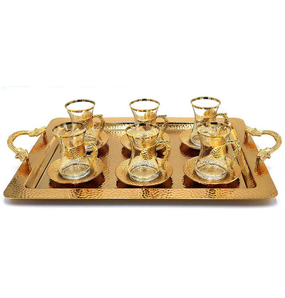 Modefa Islamic Decor Gold Turkish Luxury 7 Piece Tea Cup Set | Ottoman Style with Rectangular Tray - Gold