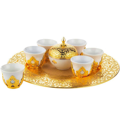 Modefa Islamic Decor Gold Turkish Luxury 8 Piece Coffee Cup Set | Circular Ottoman Style Tray with Sugar Bowl - Gold