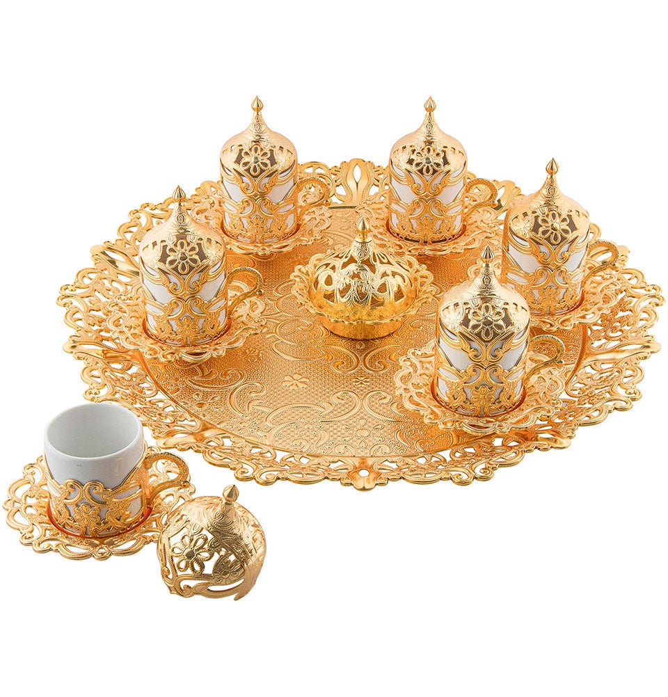Modefa Islamic Decor Gold Turkish Luxury 8 Piece Coffee Cup Set | Ottoman Style with Floral Design #363 Gold