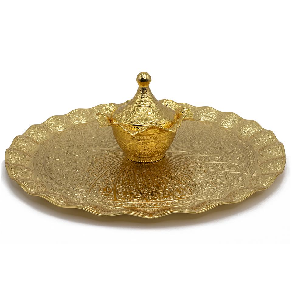 Modefa Islamic Decor Gold Turkish Luxury 8 Piece Large Tea Cup Set | Ottoman Style with Circular Tray - Gold