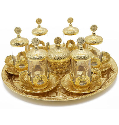 Modefa Islamic Decor Gold Turkish Luxury 8 Piece Tea Cup Set | Selcuk Star Design with Circular Tray - Gold