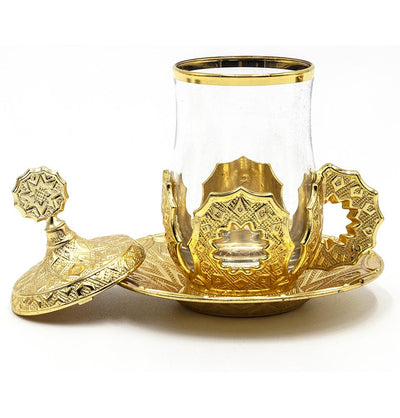 Modefa Islamic Decor Gold Turkish Luxury 8 Piece Tea Cup Set | Selcuk Star Design with Circular Tray - Gold