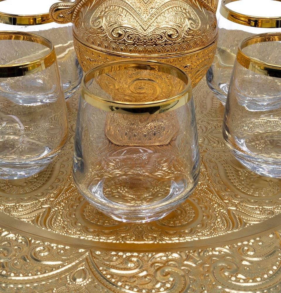 Modefa Islamic Decor Gold Turkish Luxury 8 Piece Zamzam Water Cup Set | Ottoman Style Tray with Pitcher - Gold