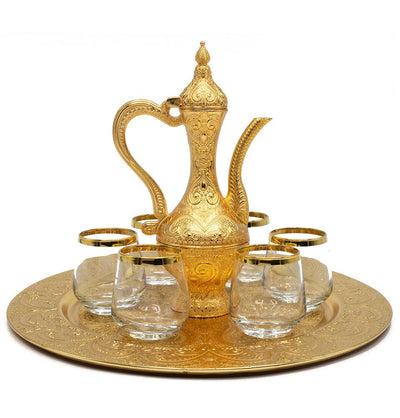 Modefa Islamic Decor Gold Turkish Luxury 8 Piece Zamzam Water Cup Set | Ottoman Style Tray with Pitcher - Gold