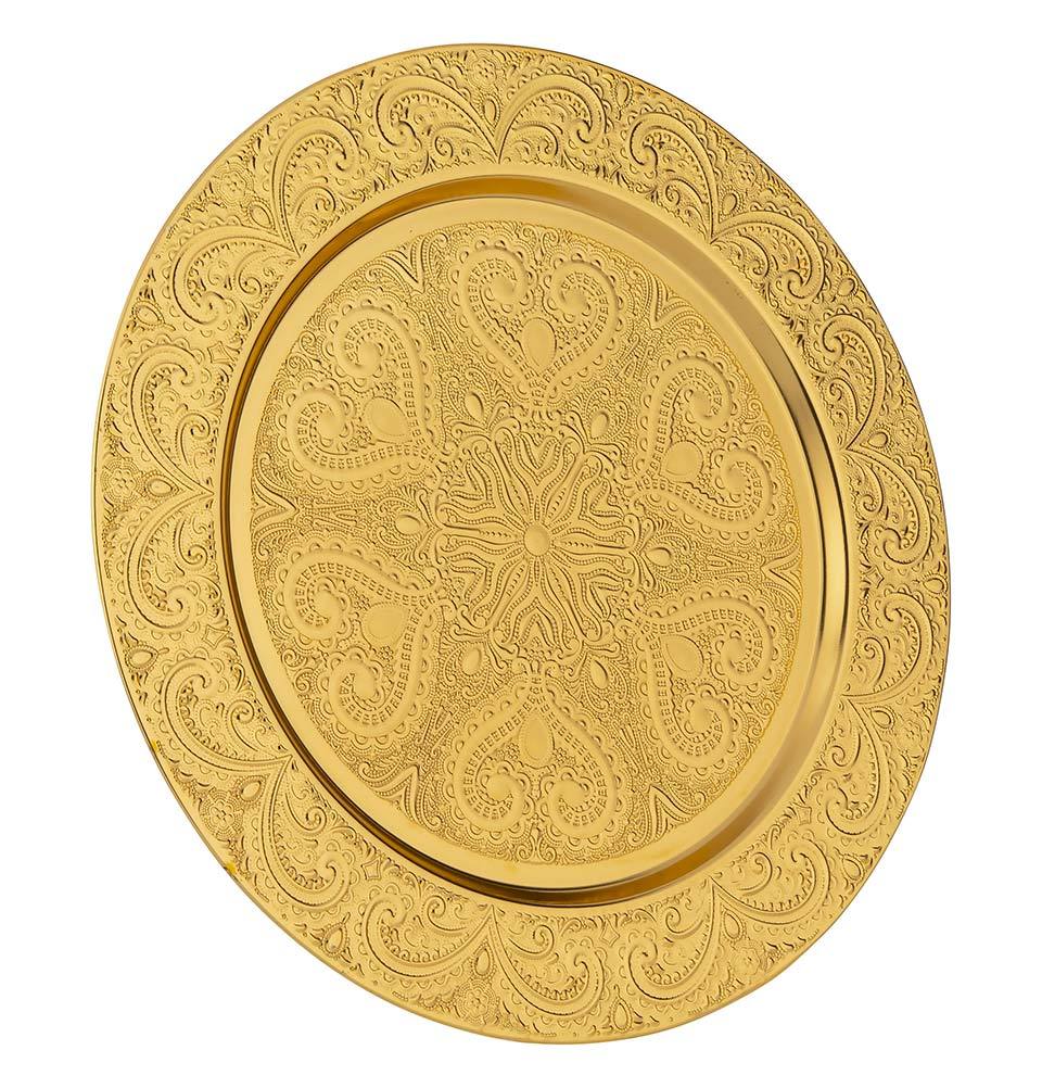 Modefa Islamic Decor Gold Turkish Luxury Metal Charger Plate | Ottoman Style Engraved | 6 Piece Set - Gold