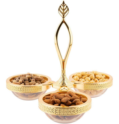 Modefa Islamic Decor Gold Turkish Luxury Sectioned Serving Dish | Triple Glass Bowl Set - Gold